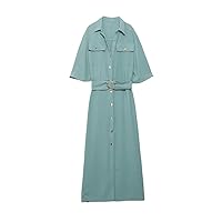 Women Golden Breasted Pockets Patch Solid Color Casual Midi Shirt Dress Female Chic Short Sleeve Vestidos