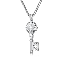 Men Womens Protection Necklace Silver Stainless Steel Religious Benedict Medal Necklace Key Pendant with 24 Inch Chain