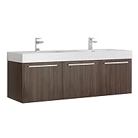 Fresca Vista 60 Inch Walnut Wall Hung Modern Double Bathroom Vanity - Includes Integrated White Sink with 3 Cabinets - Faucet Not Included - FCB8093GW-D-I