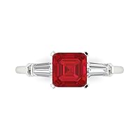 1.59ct Square Emerald Baguette cut 3 stone Solitaire Simulated Red Ruby designer Modern Statement Ring Solid 14k White Gold