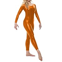 Sexy Scoop Neck Full Sleeve Bodycon Jumpsuits Shiny Metallic Spandex Jumpsuits Rompers Party Club High Street Outfits Overall (6X-Large,Orange,6X-Large)