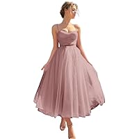 Basgute Tulle Tea Length Prom Dresses for Women Corset Sweetheart Spaghetti Straps Teens Formal Evening Party Gowns