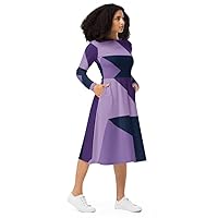 Purple Navy Zig Zag Print All-Over Print Long Sleeve midi Dress
