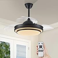 LEDIARY 42 Inch Retractable Ceiling Fans with Lights and Remote, Bladeless Ceiling Fans with LED Lighting, Smart Modern Ceiling Fan, Stepless Color Changeable, Dimmable, Timer Setting - Black