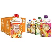 Happy Tot Organics Super Bellies Stage 4, Organics Banana, Carrot and Strawberry (Pack of 16) & Stage 4 Fiber & Protein 4 Flavor Variety Pack (Pack of 16)