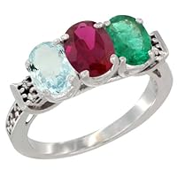 10K White Gold Natural Aquamarine, Enhanced Ruby & Natural Emerald Ring 3-Stone Oval 7x5 mm Diamond Accent, sizes 5 - 10