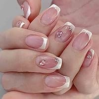 Foccna 24pcs French Tip White Fake Nails White Press on Nails Medium Square Rhinestone Glossy False Nail Tips Artificial Finger Manicure for for Women&Girls