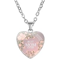 Love Heart Pendant Necklace Glass Engraving Letter Flower Necklace Mother's Day Jewellery s for Girls Women,good mom Ever Pink Nice