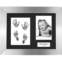 New Baby Handprint Footprint Kit, Inkless Wipe with Brushed Pewter Display Frame, Black Mount 0-3 yrs