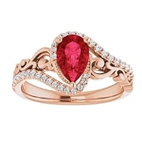 Sculptural 1.5 CT Pear Shape Ruby Engagement Ring 10k Rose Gold, Scroll Tear Drop Red Ruby Diamond Ring, Halo Deco Ruby Ring, July Birthstone Ring