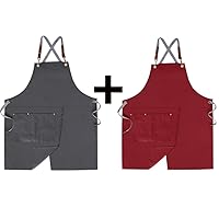 Mignongirl 2 Pieces Pottery Apron,Split Apron with Adjustable Straps M-XXL,Grey and Red