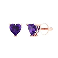 1.6 ct Brilliant Heart Cut Solitaire Genuine Natural Purple Amethyst Pair of Stud Earrings Solid 18K Rose Gold Screw Back