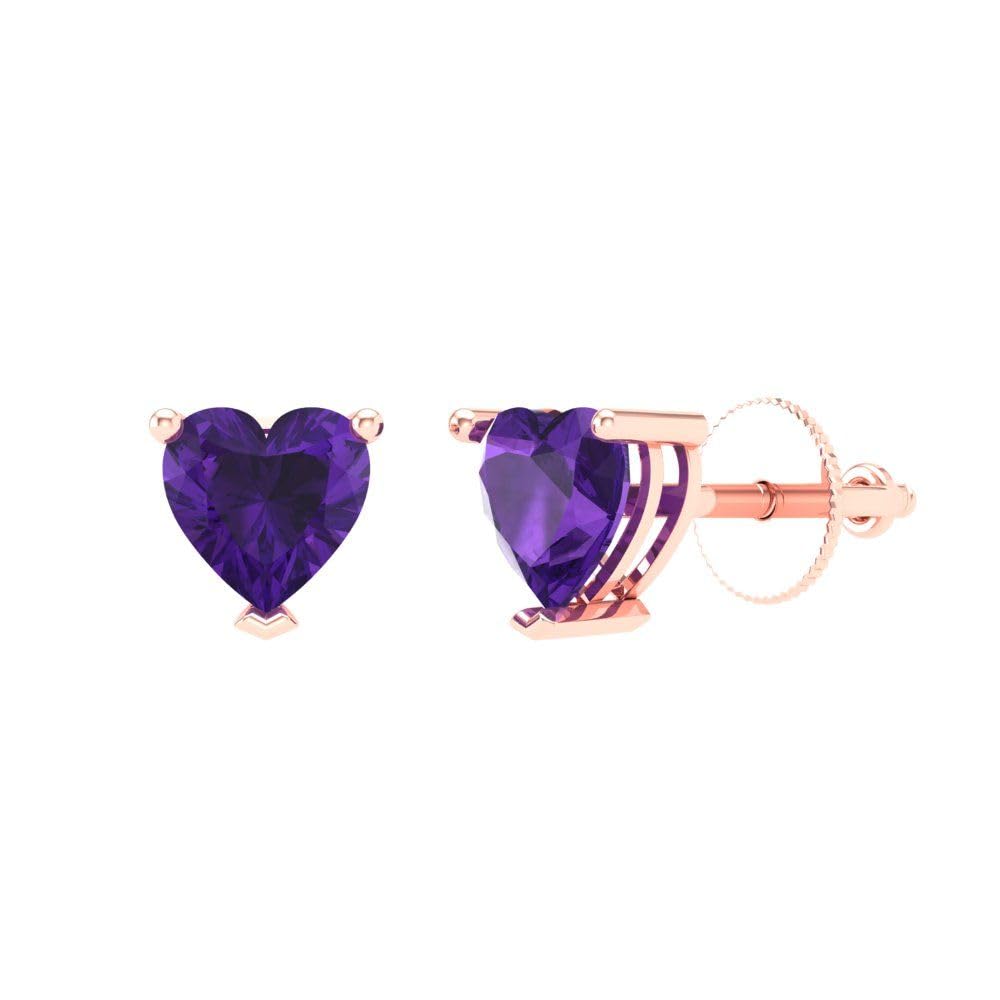 0.9ct Heart Cut Solitaire Natural Amethyst Unisex Designer Stud Earrings Solid 14k Rose Gold Screw Back conflict free Jewelry