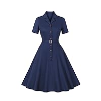 Women Notched Collar Single Breasted Solid Color Vintage Dress Short Sleeve Belted Formal Dresses