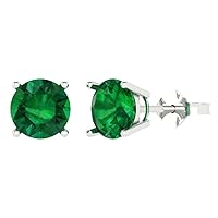 3.9ct Round Cut Solitaire Simulated Green Emerald Unisex Pair of Stud Earrings 14k White Gold Push Back conflict free Jewelry