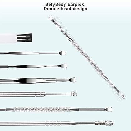 7 Pcs Ear Pick, BetyBedy Ear Cleansing Tool Set, Ear Curette Earwax Removal Kit with a Small Cleaning Brush and Storage Box, Silver