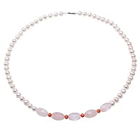 JYX Pearl Necklace 6.5-7.5mm Near Round White Freshwater Pearls Necklace with 10.5×16mm Irregular Pink Crystal Beads for Women 20.5