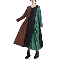 Spring Autumn Long Sleeve Patchwork Hit Color Irregular Dresses for Women Loose Casual Vintage Dress