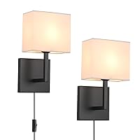 Plug in Wall Sconce Set of 2, Indoor Bedside Wall Lamp Light with Plug-in Cord and On Off Toggle Switch, Vintage Industrial Nightstand Lamps with White Fabric Square Lamp Shade for Living Room, Black