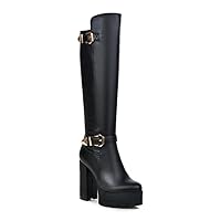 Autumn and winter high heel boots women's water platform long thick side pull round toe knee ladies heels boots, Black