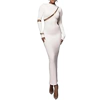 Women Dress See-Through Patchwork Skinny Split Long Sleeve Elastic Hollow Out Party Prom