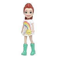 Polly Pocket Collectible Doll ~ Lila Wearing White Dress with Rainbow and Sunshine Print and Teal Boots ~ 3 1/2