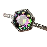 Solid 925 Sterling Silver & Natural Mystic Topaz 7x7mm Round Shape Fine Step Cut November Birthstone Statement Ring for Men & Women. (Choose Your Size) |LW_GSR_0640