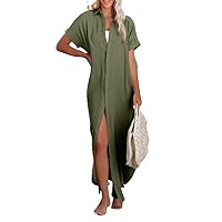 Dokotoo Womens Casual Short Sleeve Side Split Button Down Long Kimonos Cardigans Swimsuit Cover Ups Summer Beach Dress