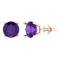 3.1 ct Round Cut Solitaire VVS1 Fine Natural Purple Amethyst Pair of Stud Earrings 18K Pink Rose Gold Butterfly Push Back