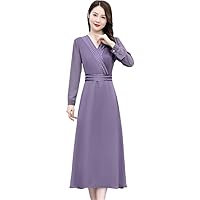 Spring Autumn Acetate Satin Long Sleeve Dress Women Solid Elegant Office Lady Korean Party