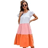 Women's Plus Size Ruffle Short Sleeve Loose Dress Casual Swing Round Neck Color Blocked Midi Dress