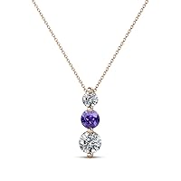 Round Iolite Natural Diamond 3/4 ctw Graduated Three Stone Drop Pendant. Included 16 Inches Chain 14K Gold