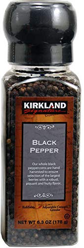 Kirkland Signature Whole Black Peppercorns, Adjustable Ceramic Grinder. 6.3 oz (Pack of 3) OU Kosher Certified