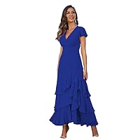 A-Line/Princess Chiffon Ruched V-Neck Short Sleeves Ankle-Length Bridesmaid Dresses 2023 LY041