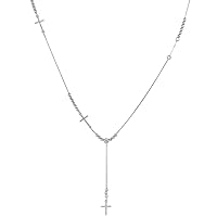 Sterling Silver Sideways Cross Y Necklace with Beads Rhodium Finish Italy, 17-19 inch