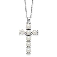 925 Sterling Silver Rhodium Plated 4 5mm Freshwater Cultured Pearl Religious Faith Cross Necklace 17 Inch Jewelry Gifts for Women