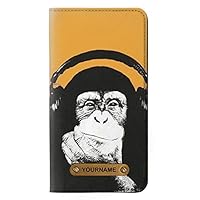 RW2324 Funny Monkey with Headphone Pop Music PU Leather Flip Case Cover for iPhone 11 Pro Max with Personalized Your Name on Leather Tag