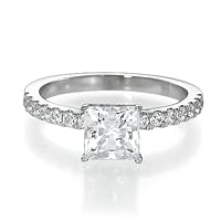 1 Carat, Classic 4-Prong Setting Engagement Rings for Women - 14k White Gold, Princess Cut Diamond Engagement Ring - J-K Color, SI2-I1 Clarity Side Stones - Packed in a Wooden Jewelry Box