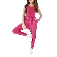 Haloumoning Girls Scoop Neck Sleeveless Jumpsuits Criss-Cross Back Long Pants Overalls With Pockets 5-14 Years