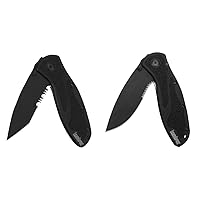 Kershaw Blur Tanto Black Serrated Pocket Knife ; 3.4 inch Cerakote Finish Blade, Sandvik 14C28N Steel & Glassbreaker Blur Pocketknife, 3.4