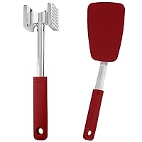 Gorilla Grip Meat Tenderizer and Silicone Spatula, Spiked Side Meat Tenderizer, Flexible Silicone Spatula Size 13 Inch, BPA Free, Heat Resistant, Both In Red Color, 2 Item Bundle