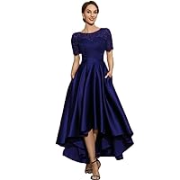 Women's Short Sleeves Evening Dresses Lace Embroidery with Pockets Prom Dresses Blue Purple