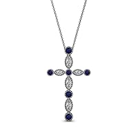 Petite Blue Sapphire Natural Diamond 1/5 ctw Marquise & Dot Women Cross Pendant Necklace. Included 18 Inches Chain 14K Gold