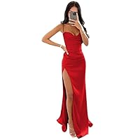 Satin Mermaid Prom Dress Long Ruched Prom Dresses Spaghetti Straps Evening Party Gown with Slit