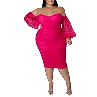 GEMEIQ Plus Size Off The Shoulder Midi Dress for Women Sexy Mesh Sheer Puff Sleeve Backless Bodycon Ruched Party Dresses
