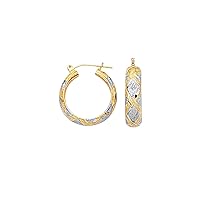 10k Yellow White Gold 6.0mm Shiny Sparkle Cut Textured Hoop Earrings Diamond Pattern Hinged Clasp Jewelry for Women
