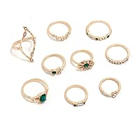 MAIGO 9pcs Emerald Ringe - Unadjustable Bohemian Stackable Joint Finger Rings Packs, Vintage Emerald Knuckle Rings, Green Jewelry Rings Sets for Women Girls Happy Valentine's Day Gifts Women Indian