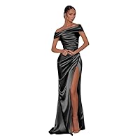 GUKARLEED Women's Off Shoulder Satin Prom Dresses Mermaid Bridesmaid Dress Corset Formal Evening Gowns Ball Gown with Slit