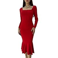 Red Long Slevee Midi Fishline Dress