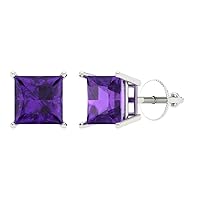 3.9ct Princess Cut Solitaire Natural Amethyst Unisex Designer Stud Earrings 14k White Gold Screw Back conflict free Jewelry